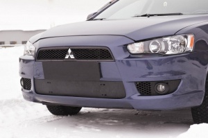 Зимняя заглушка решетки переднего бампера для Mitsubishi Lancer X 2007-2010 | шагрень